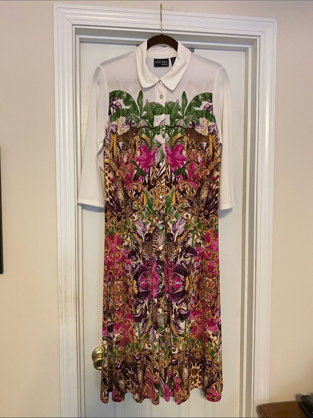Attitudes by Renee Lush Floral Print Collared Dress - White & Pink‎ Small Petite